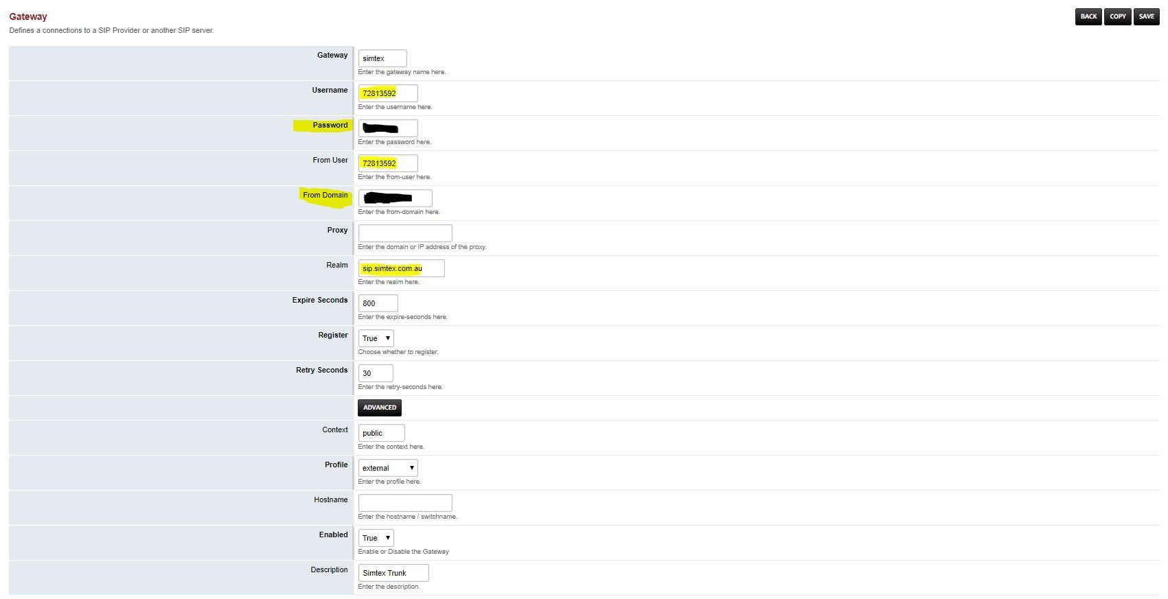 FusionPBX Gateway Setup - basic settings