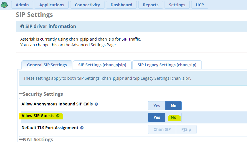 FreePBX disable SIP guest access