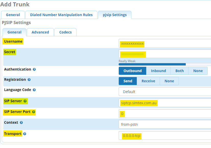 FreePBX PJSIP Settings tab